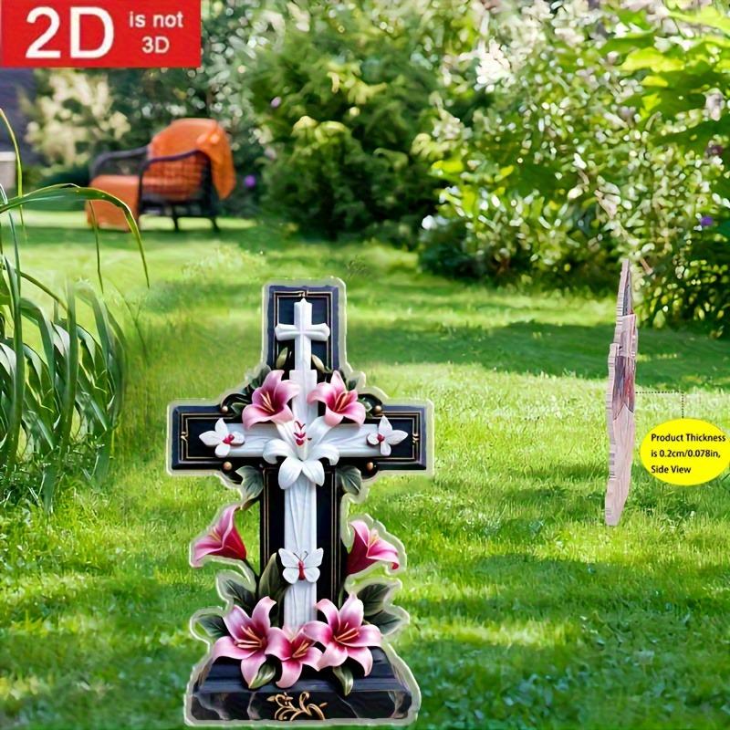 2D Flat Acrylic Lily Cross Memorial Garden Desktop Decorative Sign, Weather-Resistant Floral Grave Marker, Suitable for Wall Decoration, Porch, Room,
