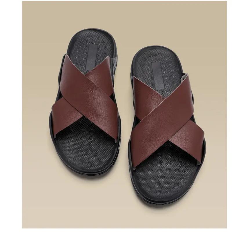 Pánské kožené nazouvací sandály s křížovým páskem Protiskluzové neformální pantofle