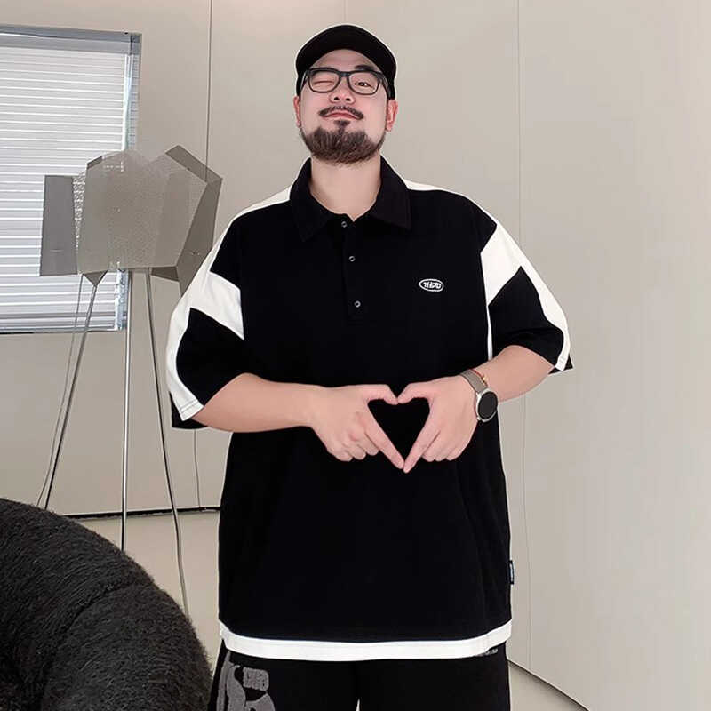 

Мужская модная футболка-поло New Wave с эластичной посадкой, влагоотводящая, с ложной многослойностью - Свободный топ оверсайз с коротким рукавом в стиле кэжуал 8XL чёрный