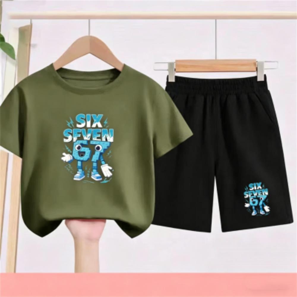 Fashion Cartoon 67 Print Kids Short Sleeve T-shirt Set Girls Boy White Black T-shirt Shorts 2pcs Outdoor Casual Kids Set Clothing