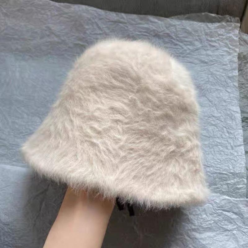 Rabbit Fur Hat Female Winter Big Head Circumference Bucket Hat Showing Face Small Plush Hat Warm Fluffy Bucket Hat