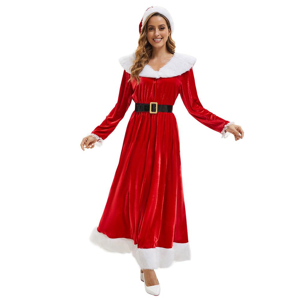 Women Elegant Velvet Long Dress With Hat And Belt For Christmas And Holiday Events