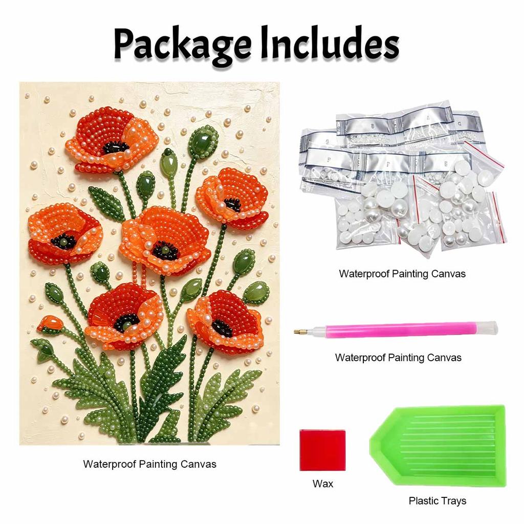 Elegant Framed Pearl Art DIY Set with Vibrant Poppy Flower Design 5D Sparkling Bead Canvas Painting Ready to Display Romantic Home Decor Gift
