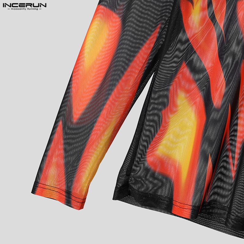 INCERUN Men Long Sleeve Mesh Sheer See Through Print Party Fitted T-shirts Tops
