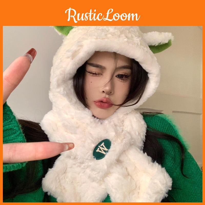 Cute Lamb Design Plush Hat And Scarf For Women Warm Accessory Winter