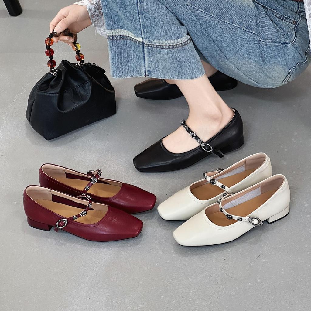 2025 new summer soft leather square head Mary Jane shoes fairy style gentle and versatile one-word buckle shallow mouth single shoes