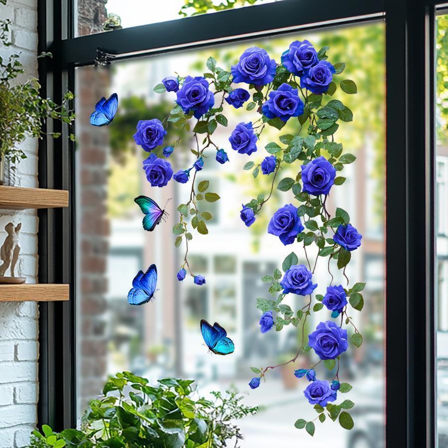 Dreamy Blue Flower Vine Strips Sticker Wall Decal, Refrigerator/Air Conditioner Glass Door Sticker