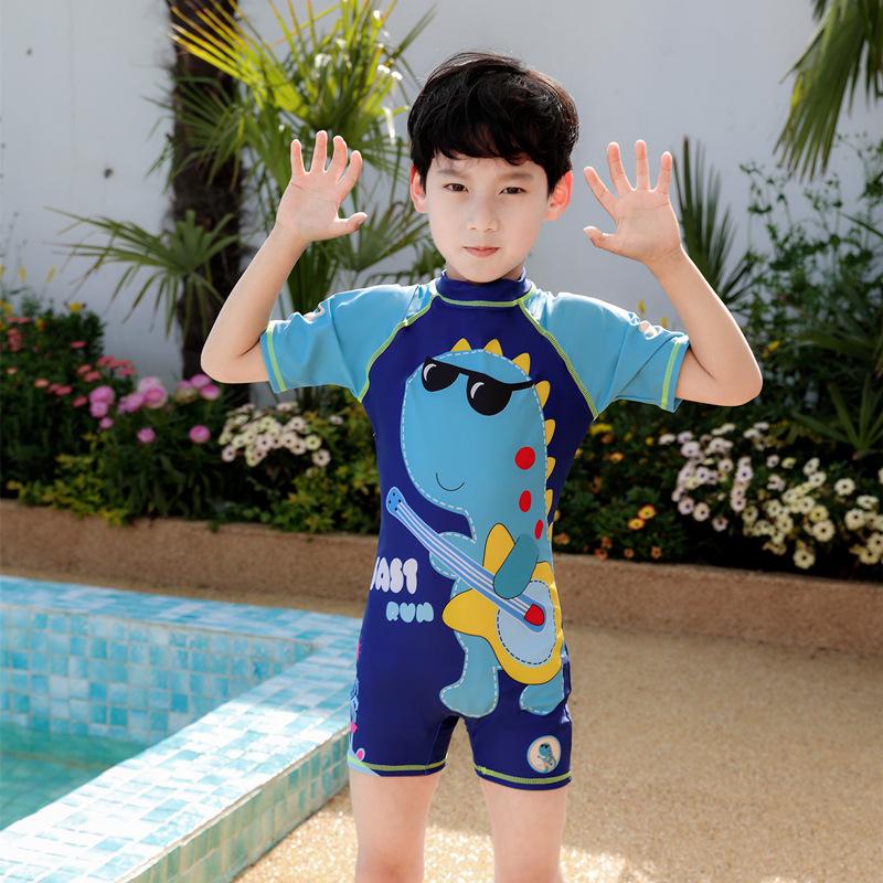 Children's Boys' One-Piece Short-Sleeve Swimsuit: Medium & Large, Quick-Dry, UV Protection