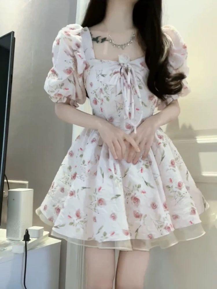 First Love Sweet Floral Dress Women's Summer New Waist Skinny Small Fresh Running Princess Fluffy Short Dress