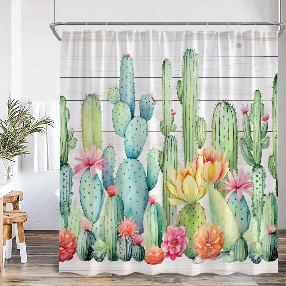 Cactus Cartoon Shower Curtain Desert Green Plant Watercolor Boho Vintage Bathtub Curtain with Hook Home Decorations for Bathro