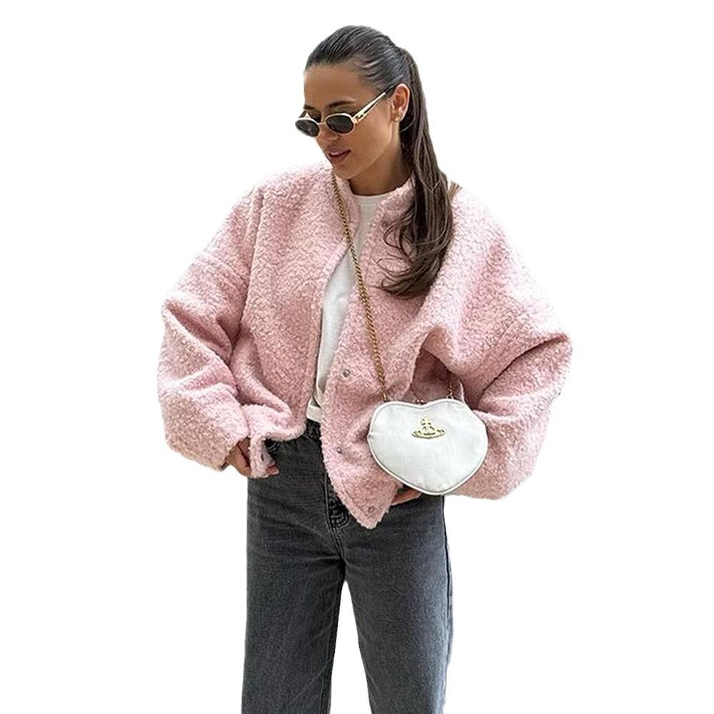 Women's Fall Winter Fleece Jacket Long Sleeve Casual Button Down Fuzzy Sherpa Cropped Coats Outerwear with Pockets Loose Bomber Jacket for Women