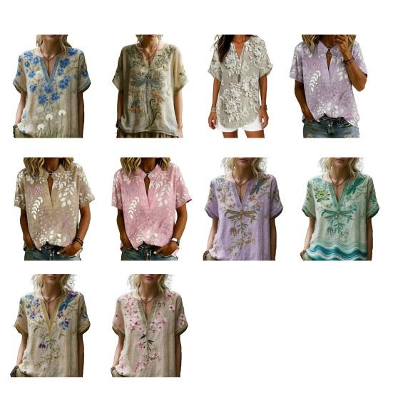 Women Shirt V-Neck Short Sleeve Loose Fit Pullover Tops 3D Printed Pattern Summer Casual Blouse Daily Wear