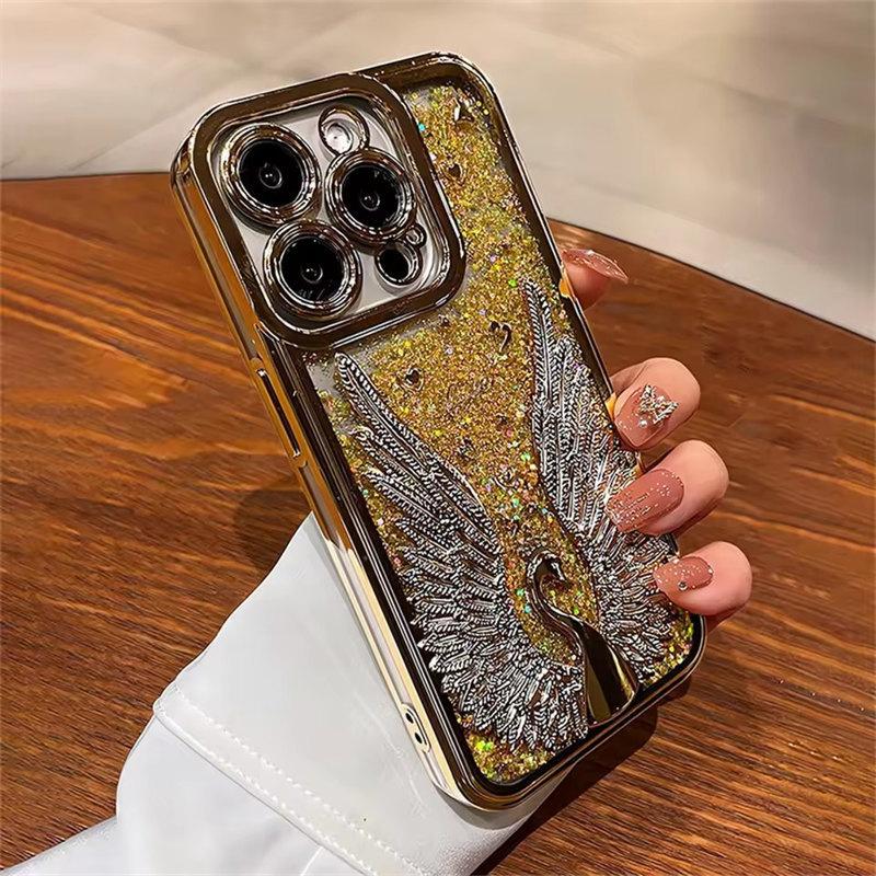 Husă de Telefon de Lux cu Placare, Sclipici Bling, Nisip Mișcător, Lebedă Desen Animat pentru iPhone 15 11 12 13 14 16 Pro Max Plus, Husă cu Protecție pentru Cameră
