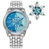 Women's Eco-Drive Disney Princess Frozen Crystal Watch and Pin Gift Set, Silver Stainless Steel Watch with Blue Dial (Model: FE7091-61W), Silv