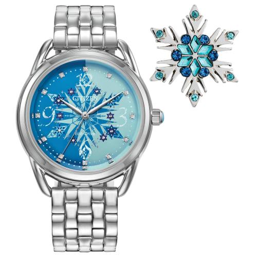 

Citizen Women s Eco-Drive Disney Princess Frozen Crystal Watch and Pin Gift Set, Silver Stainless Steel Watch with Blue Dial (Model: FE7091-61W), Silv