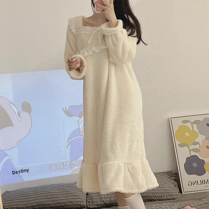 Women's Thick Flannel Winter Nightdress - Square Neck, Sweet Princess Style, Pure Color, Loose Fit Pajamas.