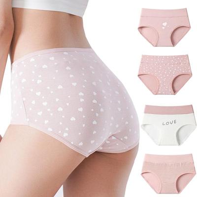 4Pcs/Set Cute Pink Panties Heart Print Panties High-Waist Traceless Ladies' Briefs Soft Breathable Comfort with Lace Edge Underwear