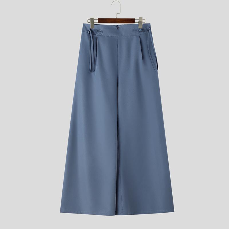 

INCERUN Men High Waist Back Elastic Pockets Casual Long Wide Legs Trousers Pants 4XL синій