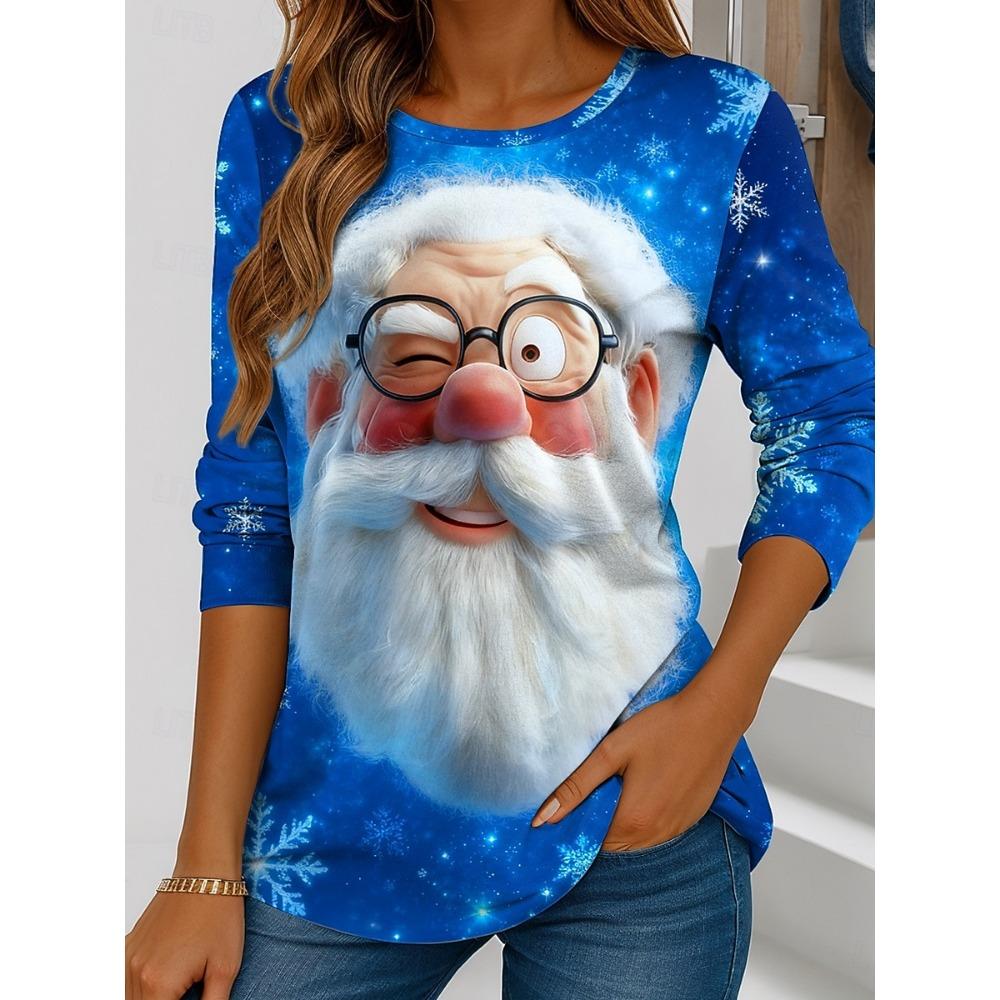 Women's Santa Claus Printed Christmas Theme Crew Neck Long Sleeve T-shirt Casual Comfortable Polyester Christmas Party Pullover