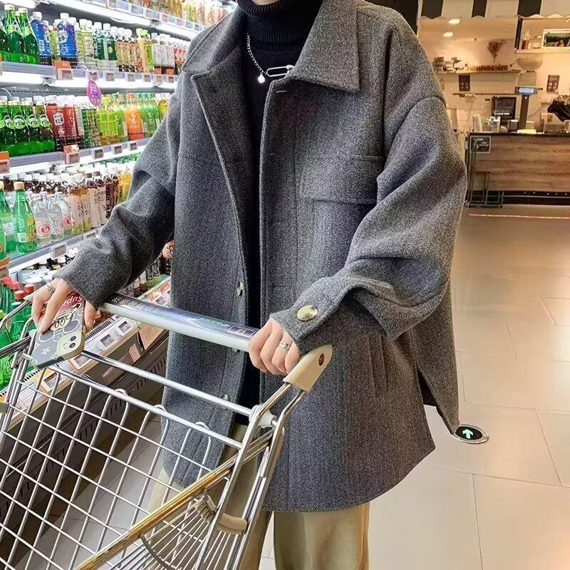 Men's Mid-Length Woolen Coat: Casual, Trendy, Oversized High-End Winter and Autumn Windbreaker.