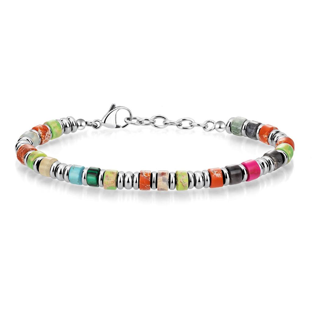 Bohemian chain bracelet, natural stone flat bead stainless steel chain, holiday gift, obsidian chain bracelet.