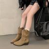 Fashion 2025 New Style High Heels Pleated Boots for Women Autumn Winter Leather Western Boots Woman Thick Heeled Boots