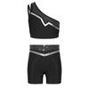 Kids Girls Gymnastics Dance Outfit One Shoulder Sleeveless Metallic Trim Shiny Rhinestones Crop Top with Elastic Waistband Shorts