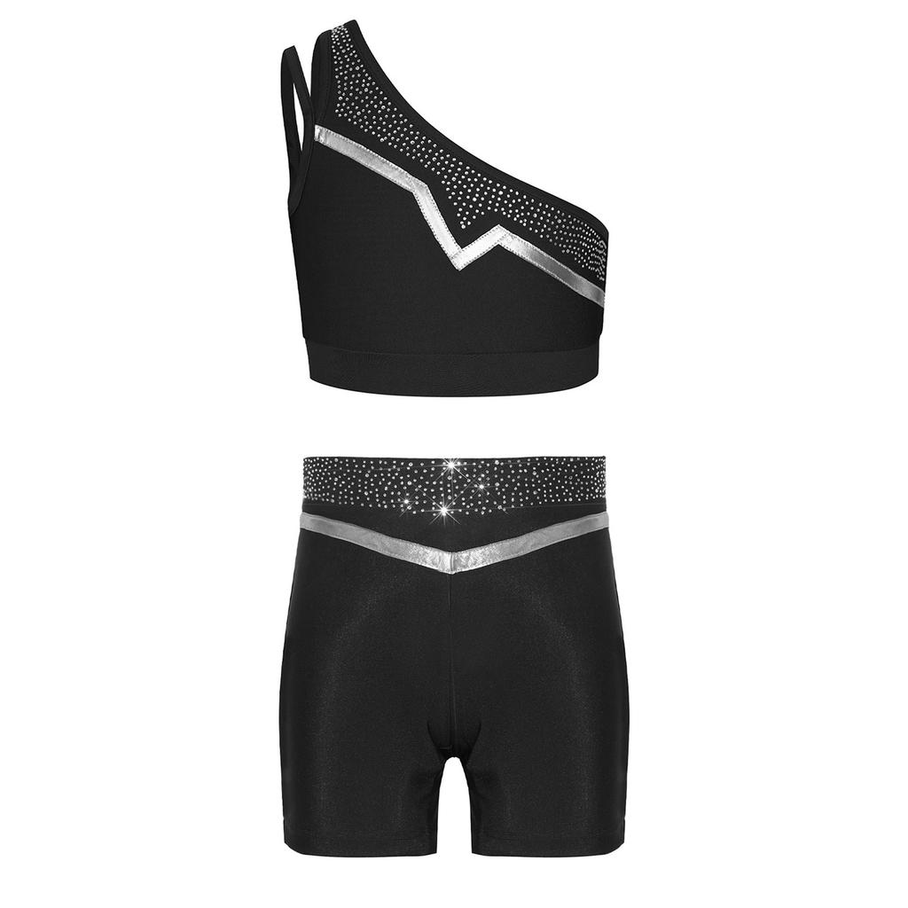 Kids Girls Gymnastics Dance Outfit One Shoulder Sleeveless Metallic Trim Shiny Rhinestones Crop Top with Elastic Waistband Shorts