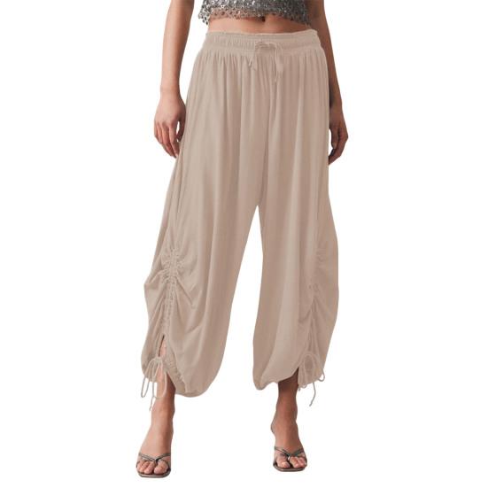 Women Bloomers High-Drape Side Shirring Wide Leg Pants with Elastic Waistband Adjustable Drawstring Pure Color Casual