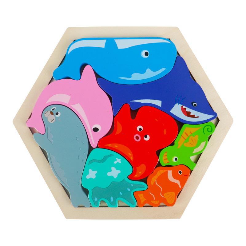Children's Wooden Three-dimensional Hexagonal Puzzle Animal Traffic Puzzle Building Block Early Education Educational Enlightenment Toy