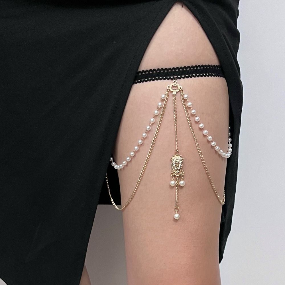 Layered Chains Elastic Band Leg Thigh Chain Rhinestone Pearl Leg Chain  Jewelry Accessories