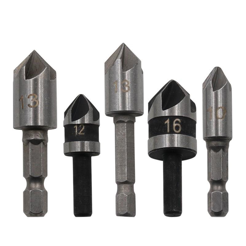 Carbon Steel Hex Shank Countersink Bit Set: 90° Five-Flute, 3-Piece (12/16/19mm) Chamfering & Deburring Tool for Woodworking