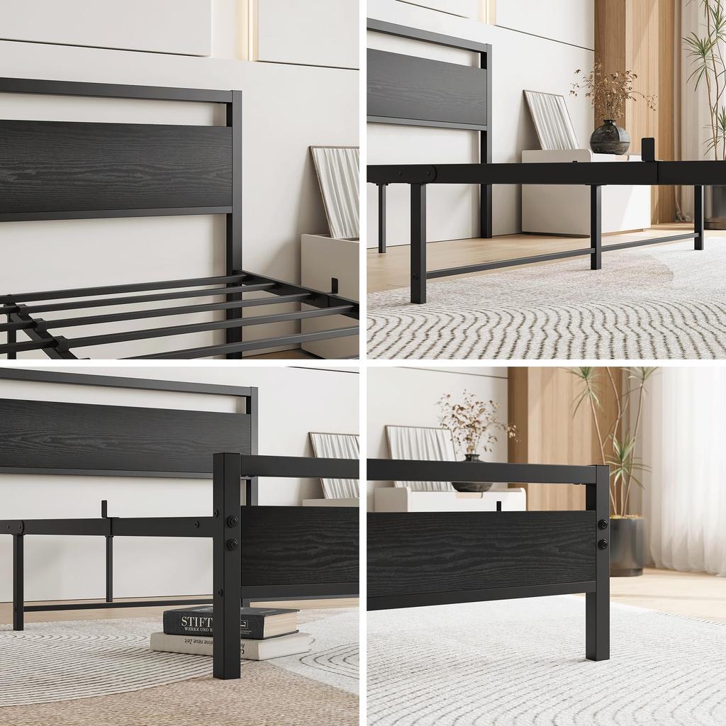 Bed Frame 140x200 cm made of Metal & Wood – Stable Single Bed with Slatted Frame & Storage, Guest Bed/Youth Bed