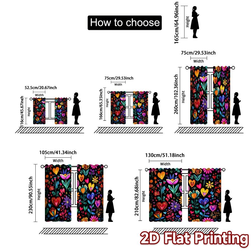 2pcs   2D FLAT PRINTING Curtains (Without Rod) Vibrant Blossoms Popular Light Filtering Curtains Machine Washable Fabric Curtains
