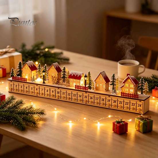 Holiday Countdown Calendar with Drawers Light-Up Wooden Christmas Village Advent Calendar, 24 Illuminated Snowy Cabin Display LED Lighted Scene