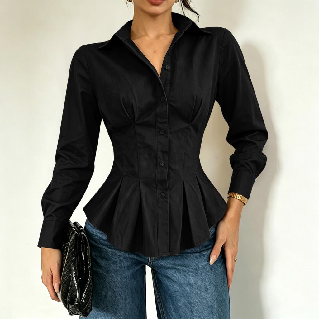 Women Long Sleeve Button Down Shirt Ruffled Waist Peplum Blouse Tailored Fit Collared Shirt Casual Office Wear