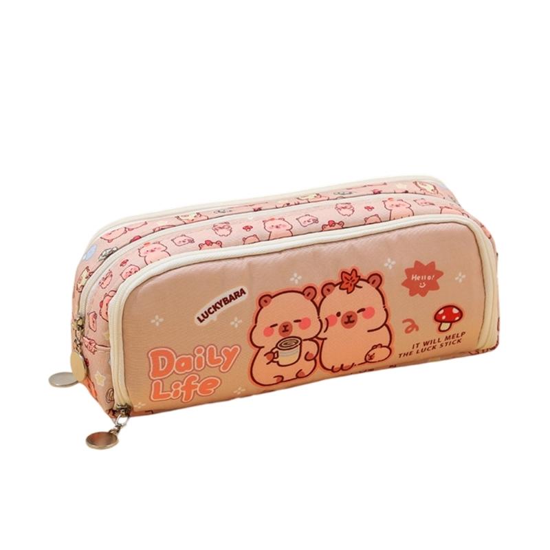Cartoon Pencil Case Multi Compartments Canvas Pencils Bag Portable Pen Organiser Travel Cosmetic Bag for Student Women