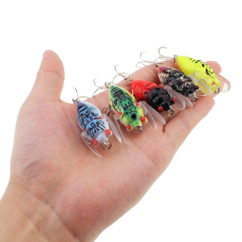 5 Pièces Leurres Bioniques Flottants Cigale, Ailes Mouvantes Dynamiques & Hameçons Triples Forts 3X, 50mm 6g Appât Insecte Ultra-Réaliste