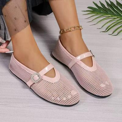Crystal Buckle Fishnet Mary Jane Shoes Woman Breathable Hollow Out Ballet Flats Ladies Leopard Print Mesh Loafers