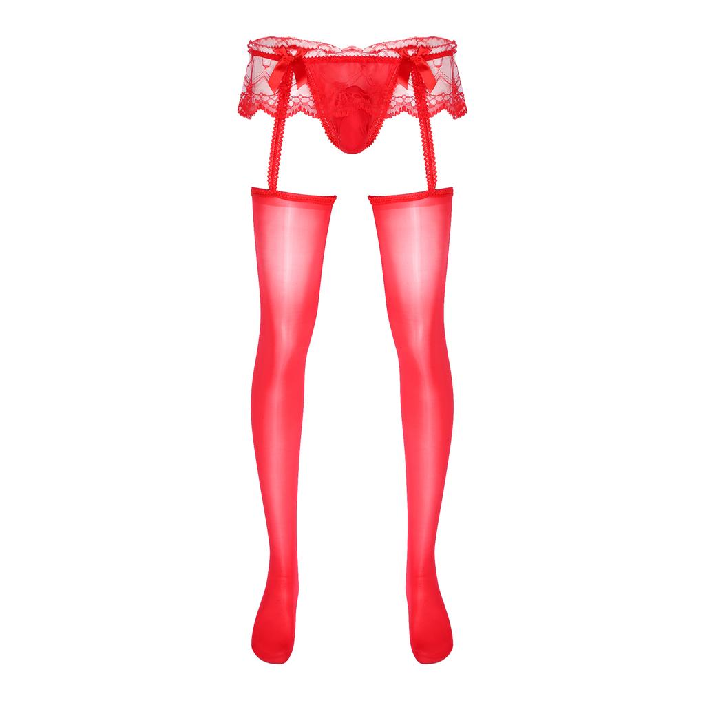 Pánské průsvitné krajkové kalhotky se sukýnkou, vykrojené, s vypouklou kapsou, G-string s lesklými podvazky