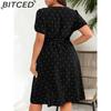 BITCED Plus Size Women's Elegant Vintage Polka Dot Waist-Tied Square Neckline Full-Skirt Dress