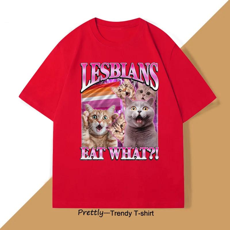 Lesben essen was T-Shirt Lustige Katze Pride T-Shirt LGBTQ T-Shirt Meme Vintage Katzenliebhaber T-Shirt Rundhals Damen Kurzarm T-Shirts