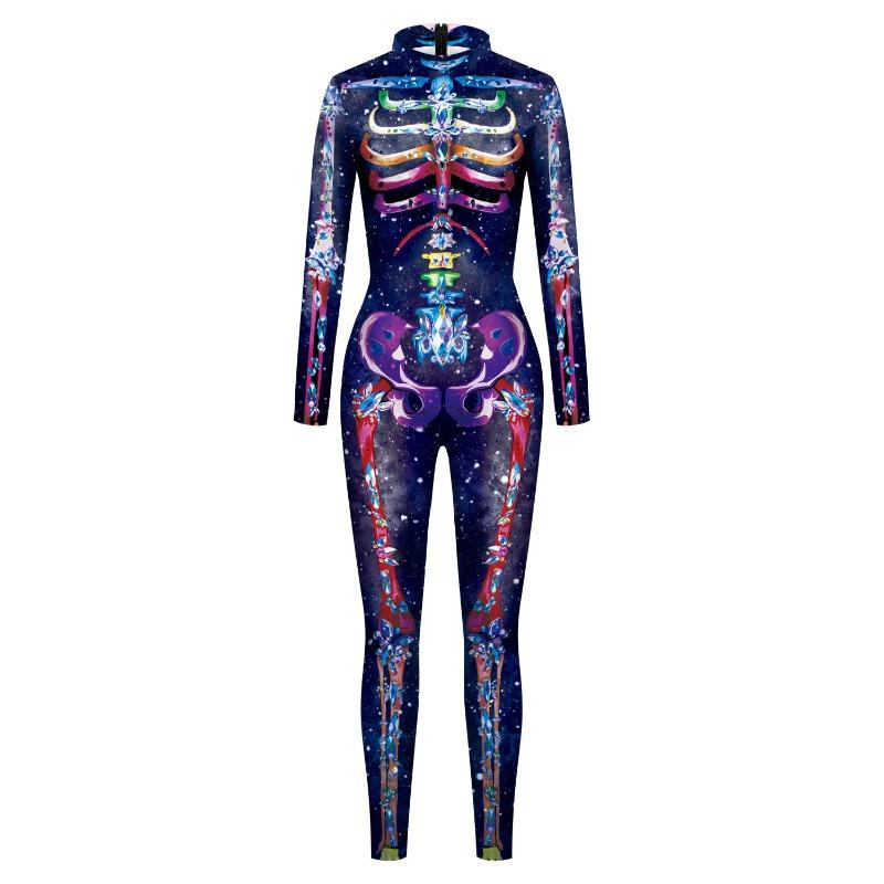 Horror Purple Skull Print Bodysuit Day Of The Dead Halloween Party Role Playing Set Adult Bodysuit Carnival Costume