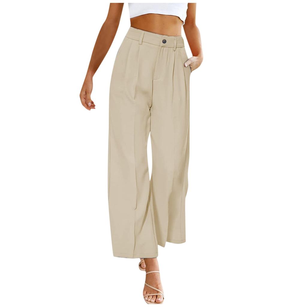 Women's Color Casual Wide Leg High Waist Button And Zipper Elastic Waist Pants With Pockets