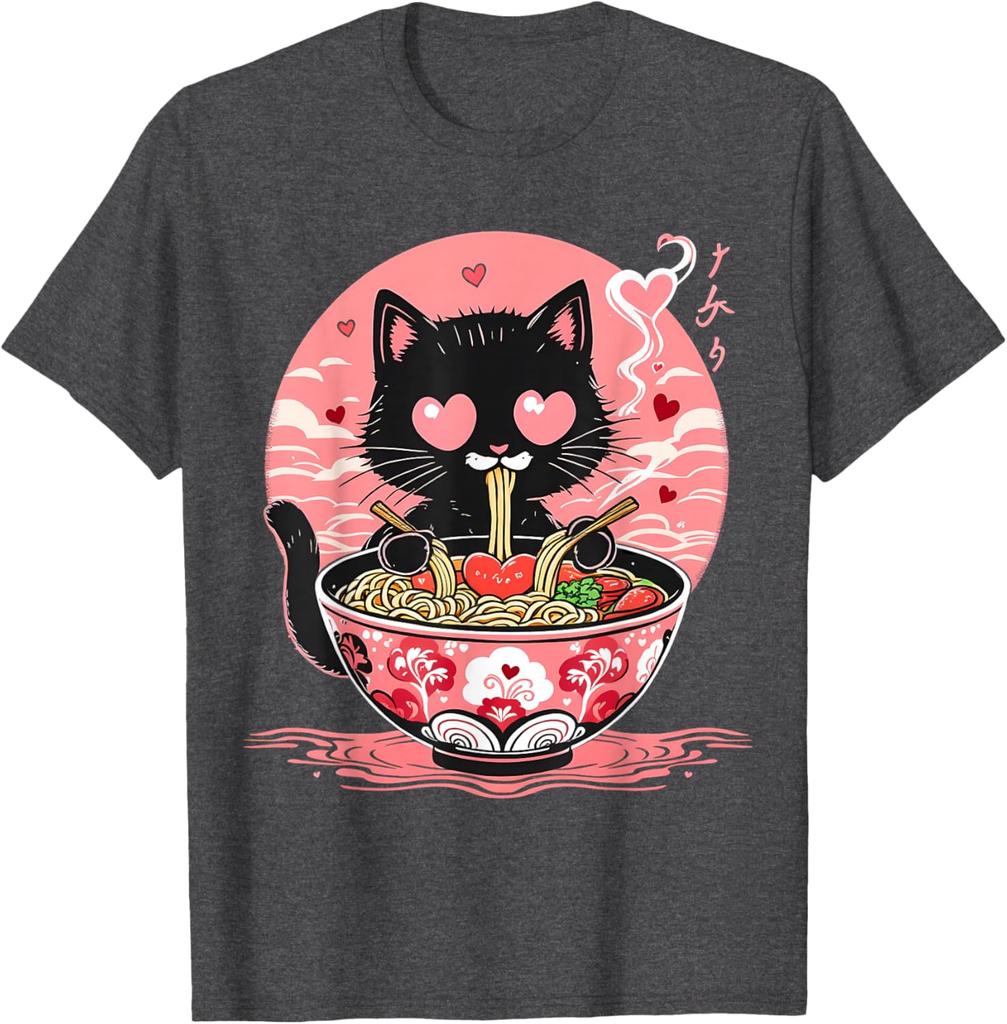 Kawaii Black Cat Eating Ramen Anime Japanese Aesthetic Graphic Tee Men Women Daily Perfect for Foodies Cat Moms