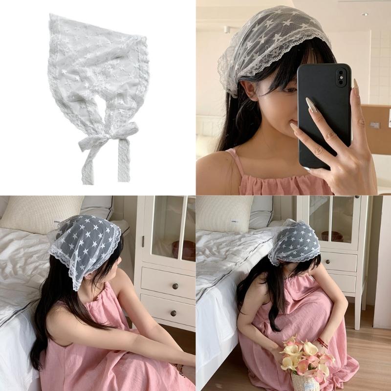 Lace Flower Triangular Hair Bandanas Breathable Head Scarf Spring Vacation Headwrap for Women and Girl Everyday Wear