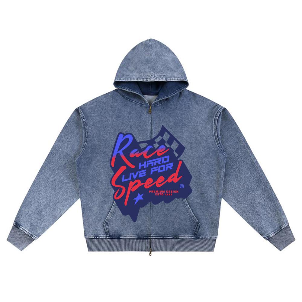 DTG print Knitted Denim Zip-Up Hoodie Race Hard Live for Speed Car Typography Brother Print Zipper Hoodies  