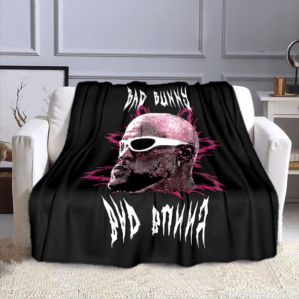 "Bad Bunny Graphic with Neon Highlights" Patterned Flannel Blanket Perfect for the Bedroom Living Room, Sofa, or a Little Nap