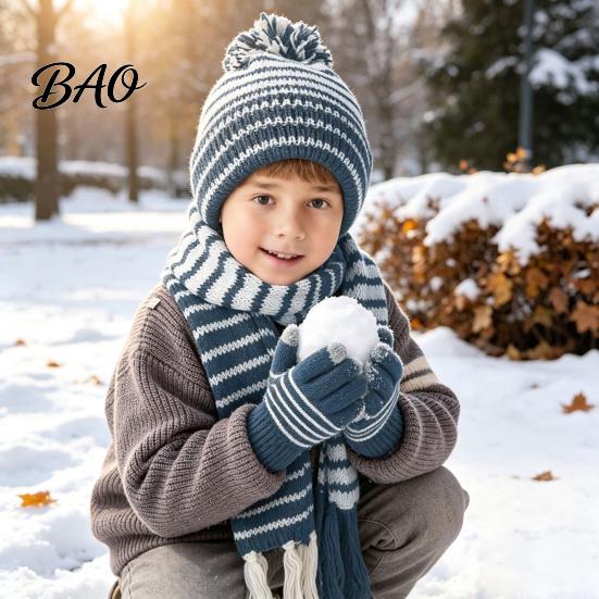 Soft Skin Friendly Winter Set 1 Hat Scarf Gloves for Kids, Fleece Lined Striped Knit with Children Elastic Ribbed Pom Pom, Cozy Toddlers Boys