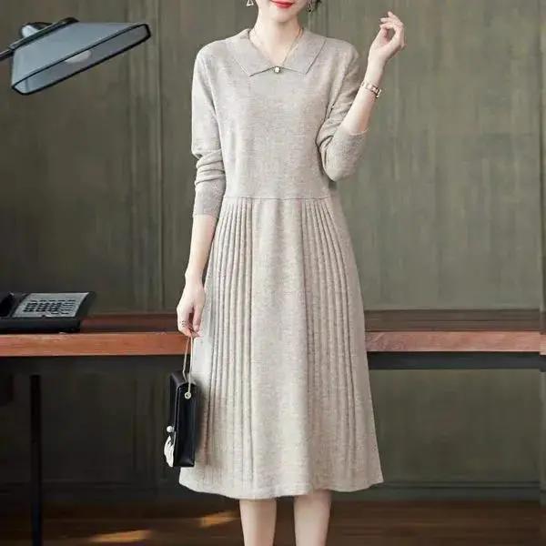 Women's Knitted Dress for Autumn and Winter Elegant Slimming Mid Length Long Sleeved Dress